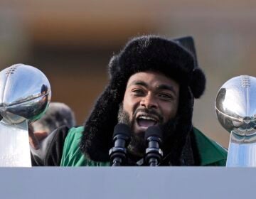 Brandon Graham speaking during the post-parade celebration