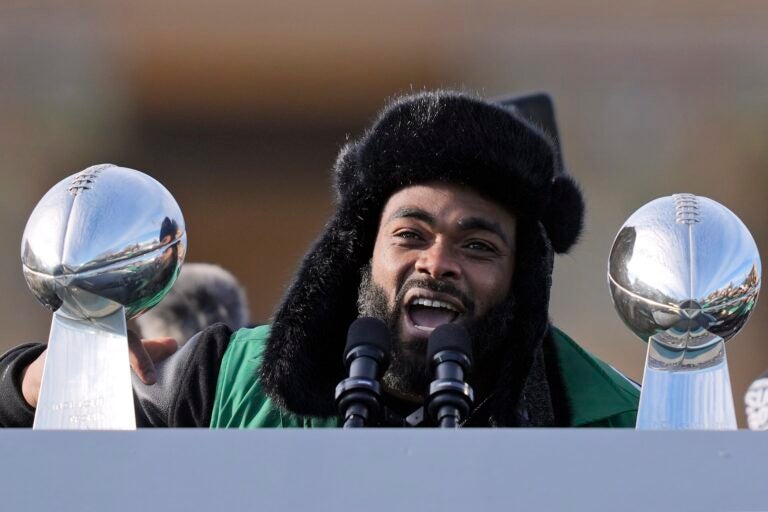 Brandon Graham speaking during the post-parade celebration