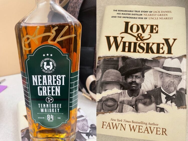 Left: Nearest Green Whiskey bottle with signature. Right: Book 