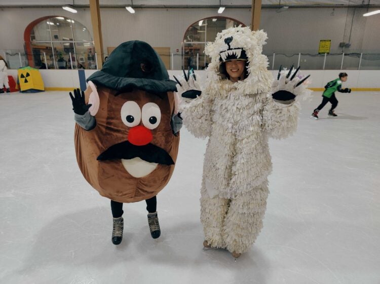 Kathy Hanrahan Christiano dressed as a potato and Snow Feng dressed as a polar bear