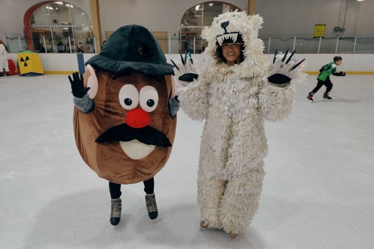 Kathy Hanrahan Christiano dressed as a potato and Snow Feng dressed as a polar bear