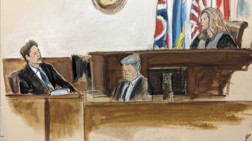 Courtroom sketch with Elon Musk