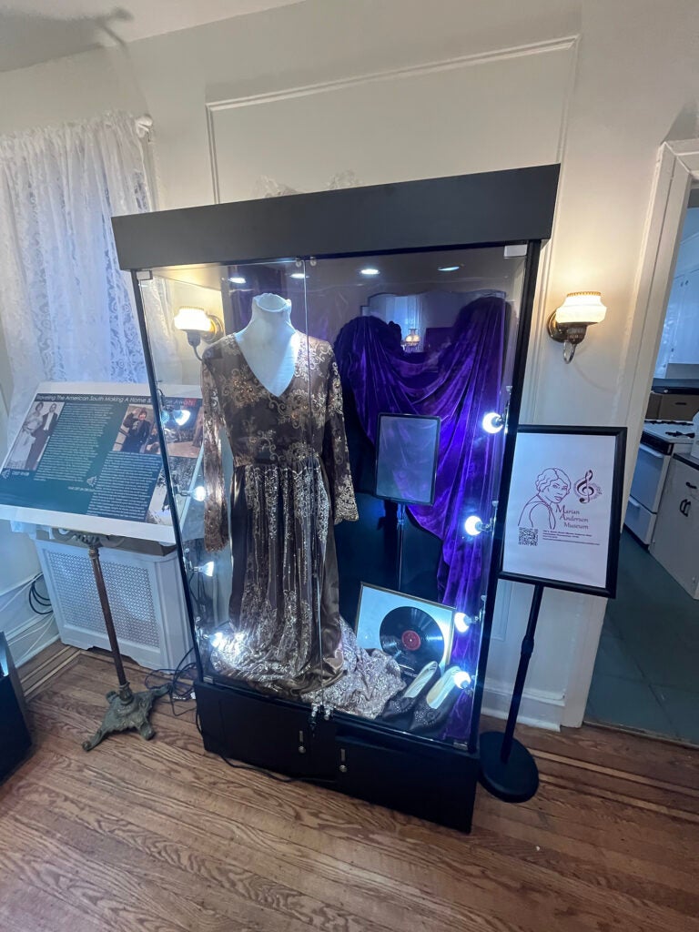 A shiny dress, a vinyl record and other items sit inside a glass exhibit.