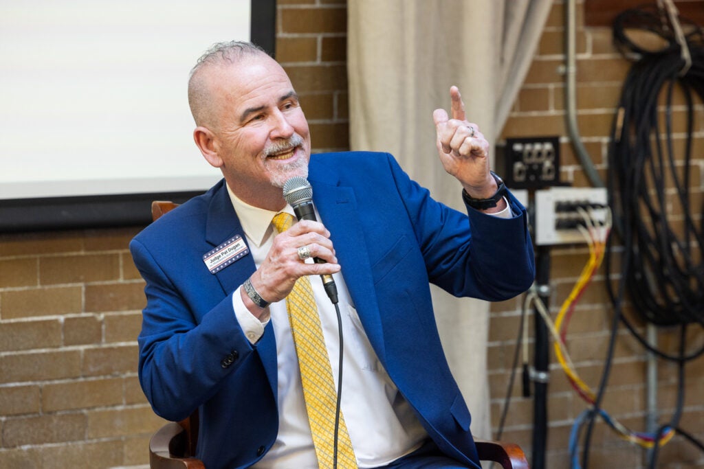 Former judge Pat Dugan at a forum hosted by the Human Rights Coalition for Philadelphia Democratic candidates for DA on March 11, 2025.