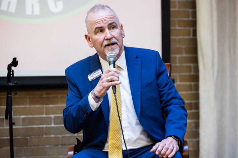 Former judge Pat Dugan at a forum hosted by the Human Rights Coalition for Philadelphia Democratic candidates for DA on March 11, 2025.