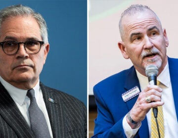 Philadelphia District Attorney Larry Krasner (left) at a news conference in Philadelphia on March 11, 2024 and Pat Dugan at a campaign forum hosted on March 11, 2025