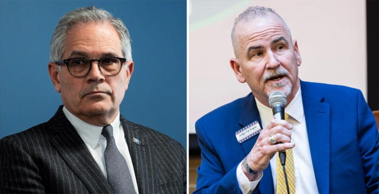 Philadelphia District Attorney Larry Krasner (left) at a news conference in Philadelphia on March 11, 2024 and Pat Dugan at a campaign forum hosted on March 11, 2025