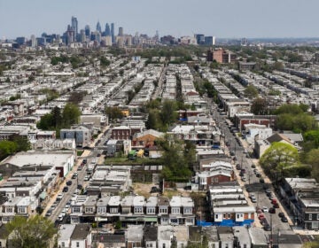 Homes in West Philadelphia. (Kimberly Paynter/WHYY) aerial view of residential blocks in Philly