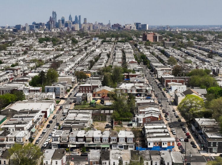 Homes in West Philadelphia. (Kimberly Paynter/WHYY) aerial view of residential blocks in Philly