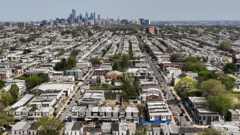 aerial view of residential blocks in Philly
