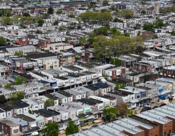 Homes in West Philadelphia. (Kimberly Paynter/WHYY) aerial view of residential blocks in Philly