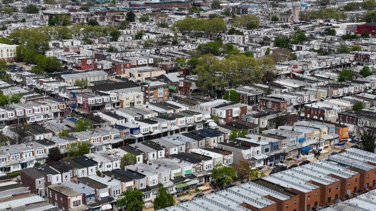 aerial view of residential blocks in Philly