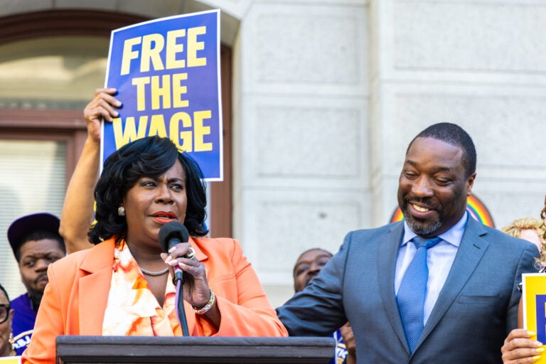 04 29 2025 k paynter free the wage protest_ Cherelle Parker speaking at a podium at the rally