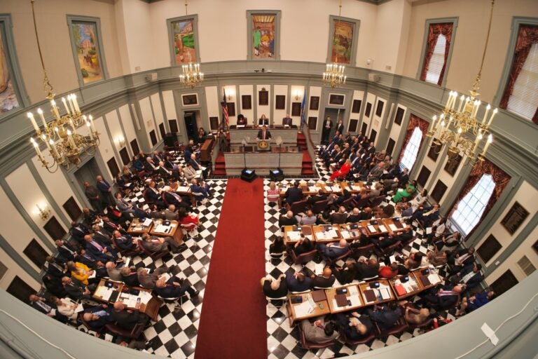 2025 04 10-e lee-matt meyer-dover del legislative hall-state of the state balcony symmetry legislators in Legislative Hall
