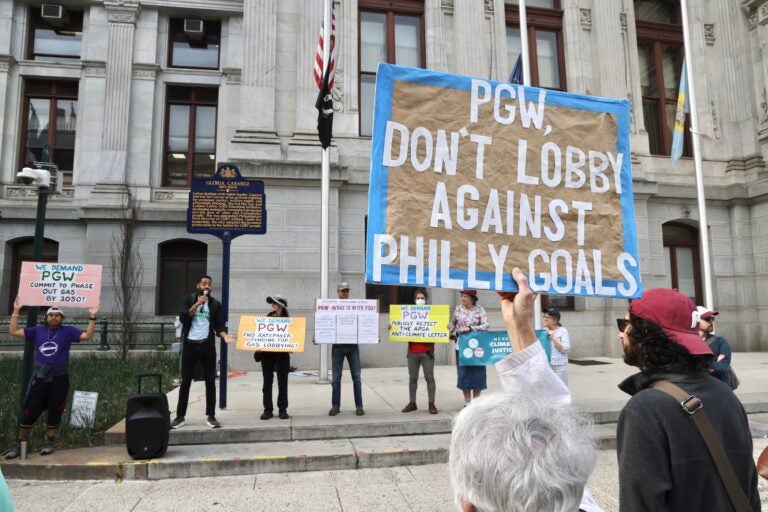 2025 04 22-e lee-philadelphia city hall-gas industry lobby protest philly goals a sign reads PGW, DON'T LOBBY AGAINST PHILLY GOALS