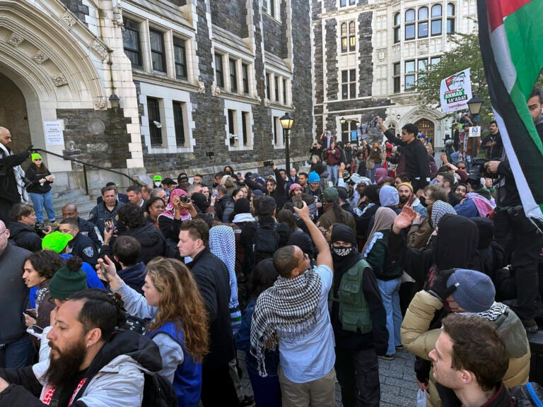 Israel Palestinians Campus Protests Students at the City College of New York protest the Israel-Hamas war on the campus in the Harlem neighborhood of New York, Thursday, April 25, 2024. (AP Photo/Jake Offenhartz)