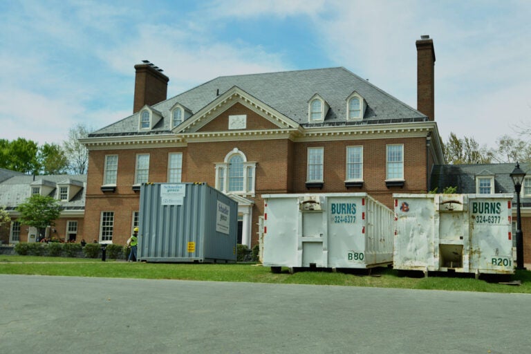 US–Pennsylvania Governor-Arson Large waste disposal bins sit out front of the Pennsylvania governor's residence