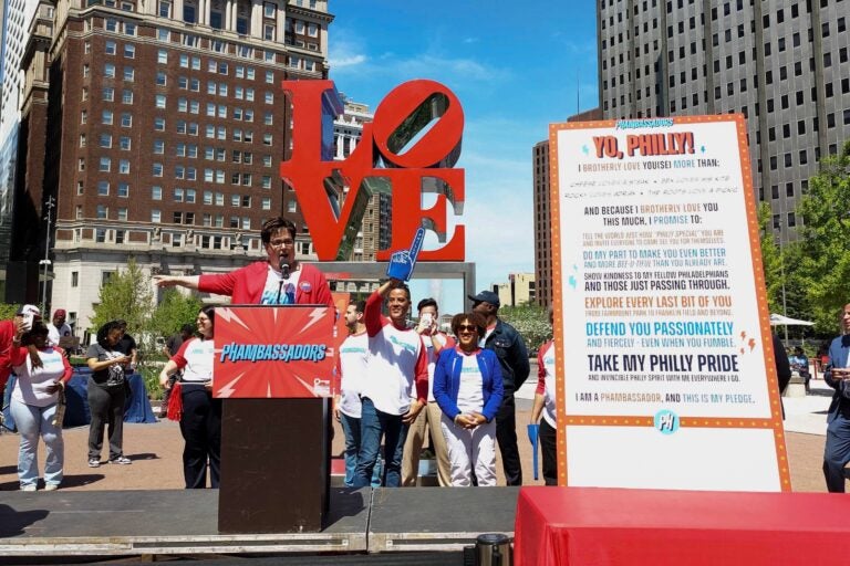 Katheryn Ott Lovell speaks to the pep rally about volunteering in Philly for the semiquincentennial
