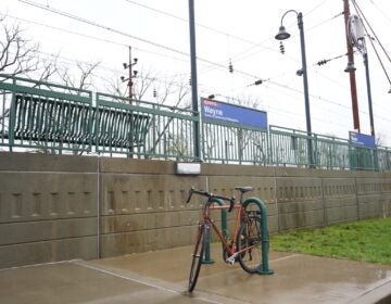 A bike locked up at the Wayne train station