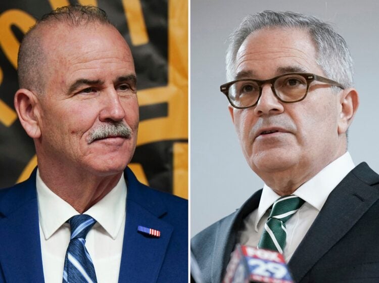 a combination photo of Patrick Dugan and Larry Krasner