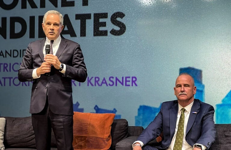 krasner_dugan-file-2025 District Attorney Larry Krasner, left, and retired Municipal Court judge Patrick Dugan took part in a DA election forum.