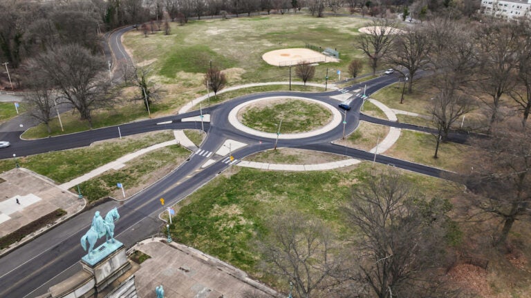lansdowe-and-avenue-of-the-republic-traffic-circle-KP-042325-01 Aerial shot of Traffic circle at Lansdowne Drive and Avenue of the Republic in Philadelphia