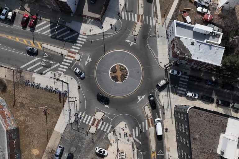 Aerial shot of Traffic circle at Lansdowne Drive and Avenue of the Republic in Philadelphia