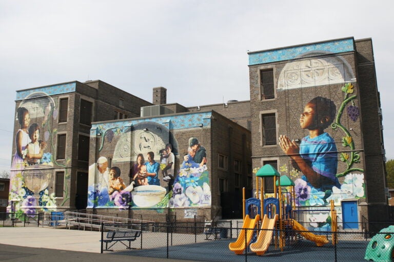 Full view of Mural on the facade of Saint Malachy School