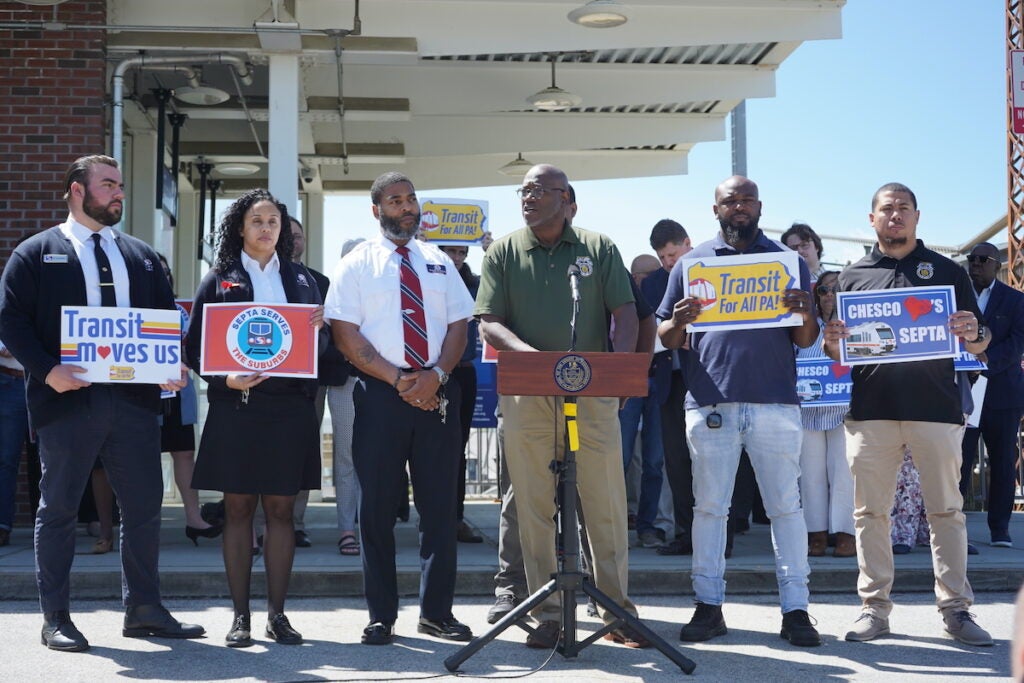 SEPTA workers and union leaders at Paoli Station