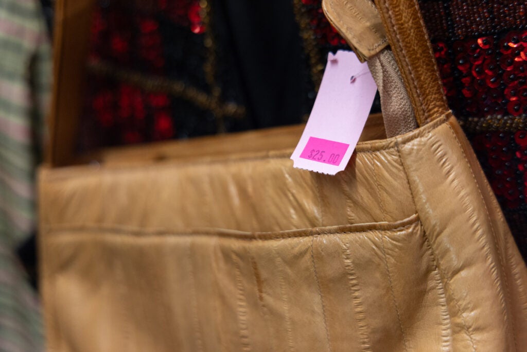 Bag with price tag on display at B-Bop Vintage