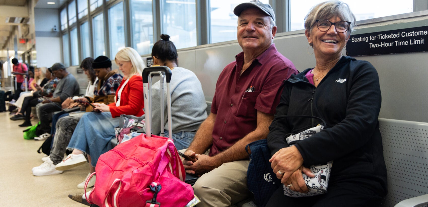 05 16 2025 k paynter NJ transit strike trenton-2 Dave and Lynda Collins sitting in an NJ Transit station