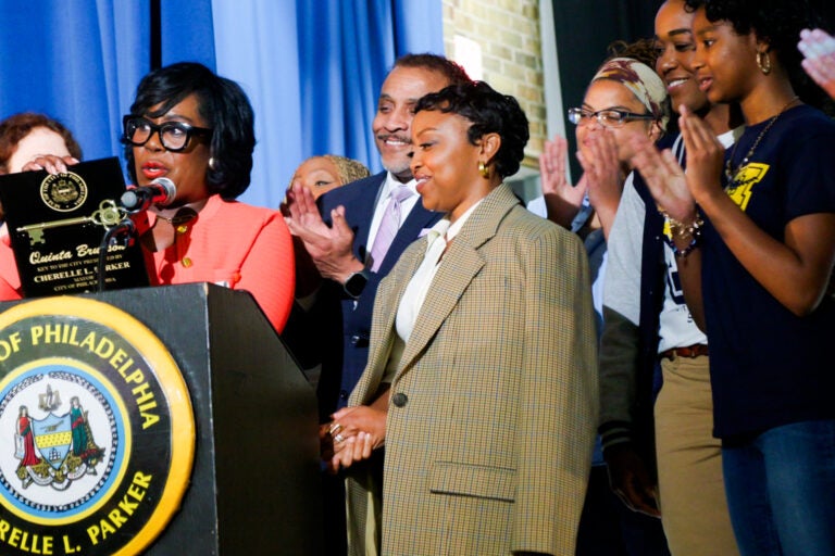 Mayor Cherelle Parker speaking next to Quinta Brunson