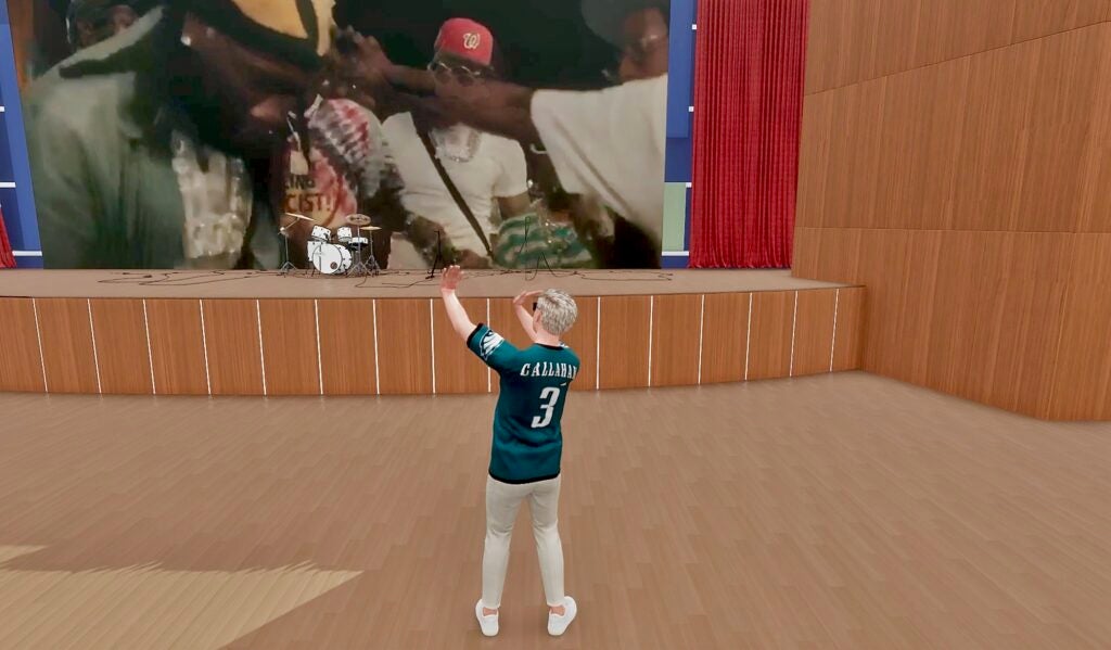 An avatar inside the World Cafe Live virtual reality metaverse
