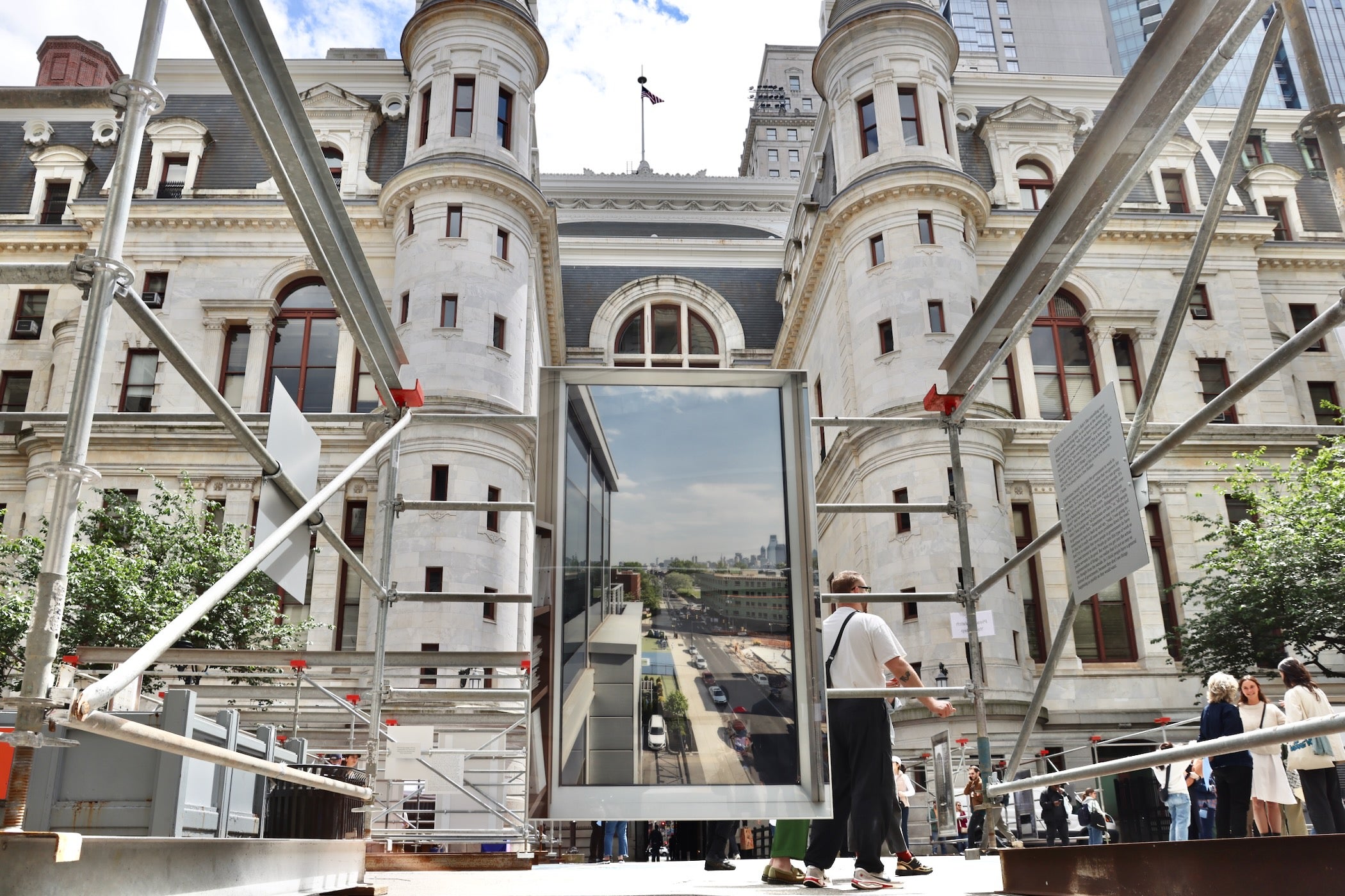 the Civic Views exhibit being set up outside City Hall