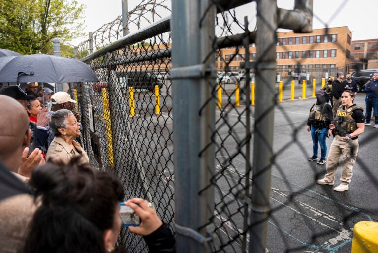Immigration Protest Mayor Arrested Rep. Bonnie Watson Coleman, D-N.J., speaks with an officer demanding she be let into the ICE Detention office