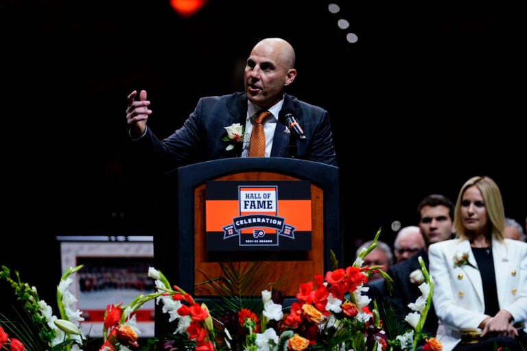 Rick Tocchet speaks during his induction ceremony into the Philadelphia Flyers' Hall of Fame