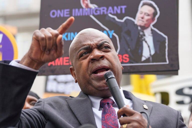 Immigration-Lawsuit-New Jersey Mayor Ras Baraka speaks to supporters and media