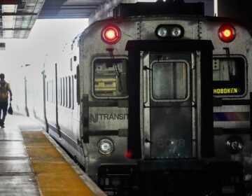 An NJ Transit train leaves the Secaucus Junction station