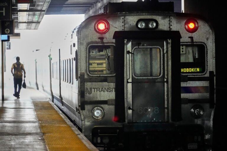 An NJ Transit train leaves the Secaucus Junction station