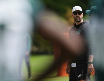 Philadelphia Eagles head coach Nick Sirianni looks on during the NFL football team's rookie minicamp in Philadelphia