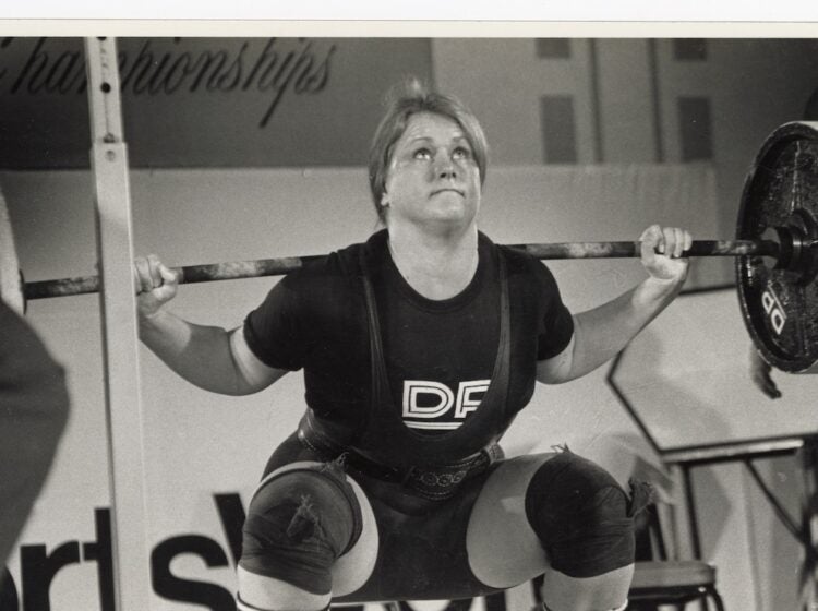 Jan Todd squatting at the U.S. Powerlifitng Federation Women’s Nationals in Los Angeles, in 1980 (Photo by Kathy Tuite Leistner)