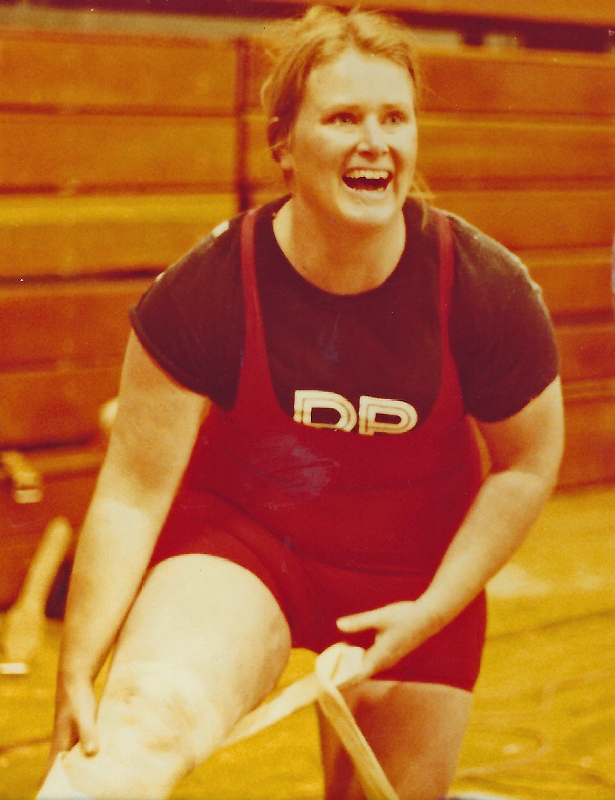 Jan Todd, momemnts after becoming the first woman to squat more than 500 poounds — she squatted 507 — in Germantown, Tennessee, 1981. (Collection of Jan Todd)