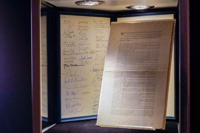 A first printing of the United States Constitution is displayed at Sotheby's auction house