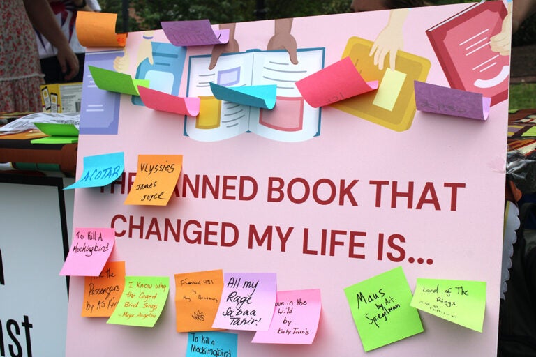 The Pennsylvania chapter of Authors Against Book Bans hosted a table at the Bucks County Book Festival on Saturday, May 3, 2025, at Broad Commons Park in Doylestown. (Emily Neil/WHYY)