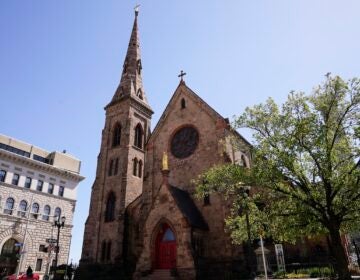 The exterior of the church is seen