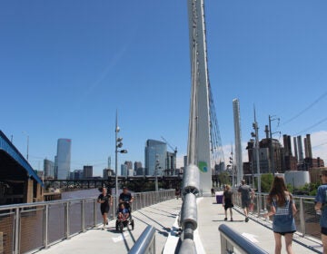The new Christian to Crescent section of the Schuylkill River Trail, a 650-foot cable bridge, opened on May 17, 2025. (Emily Neil/WHYY)