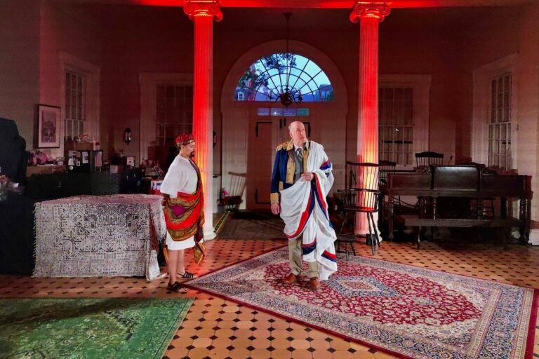 Actors on stage for ''Cato (Remixed)'' rehearsal in Carpenter's Hall
