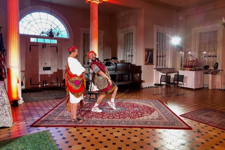Actors on stage for ''Cato (Remixed)'' rehearsal in Carpenter's Hall