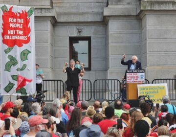 Bernie Sanders speaks at a May Day rally at Philadelphia City Hall