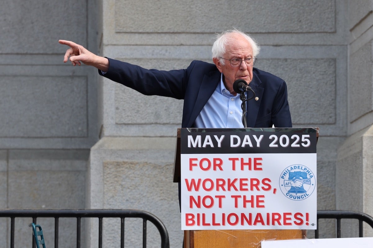 2025 05 01-e lee-philadelphia city hall-may day rally with bernie point right Bernie Sanders speaks at a May Day rally at Philadelphia City Hall